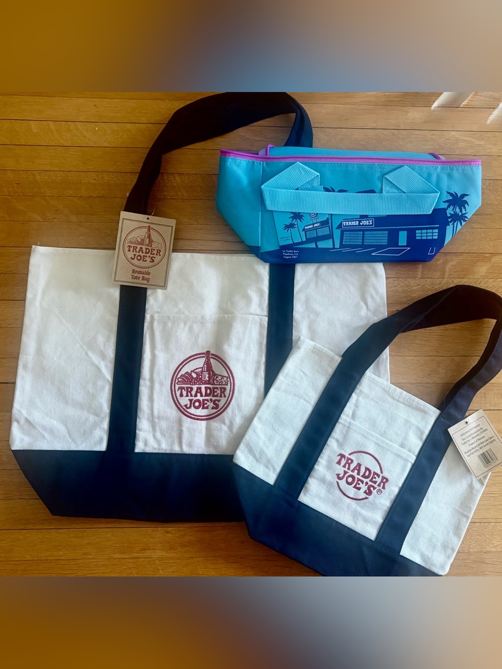 OG Trader Joe's Canvas Bag in Navy-Large & Mini + Colorful Insulated Mini Bags.